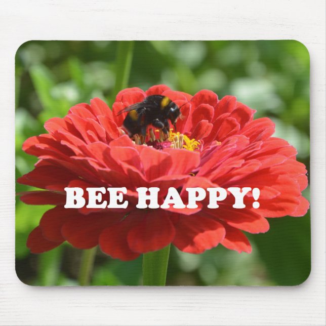 Bee Happy Red Flower Mouse Mat (Front)