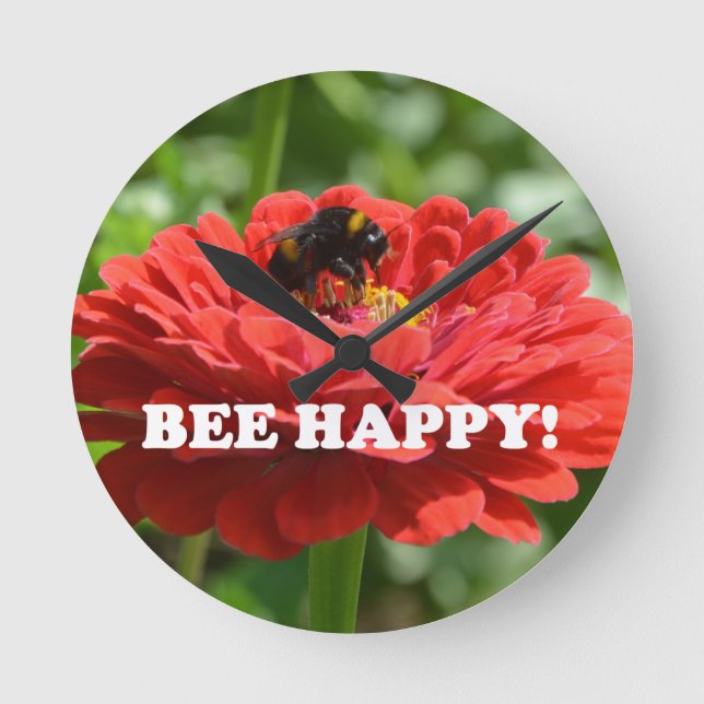 Bee Happy Red Flower Round Clock (Front)