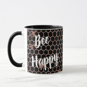 Bee Happy Rose Gold and Black Honeycomb Mug