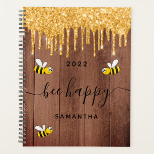 Bee happy rustic bumble bees brown barn wall  2021 planner
