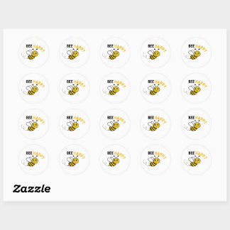 bee happy script classic round sticker