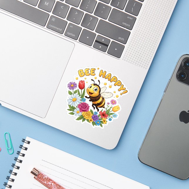 Bee Happy Sticker (Laptop w/ iPhone)