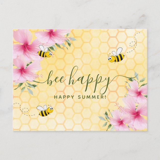 Bee happy summer bumble bees pink floral greetings postcard (Front)