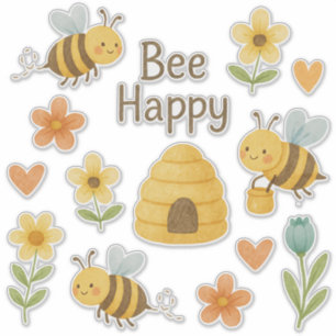 "BEE HAPPY"- süße Bienen mit Blumen- Aquarell