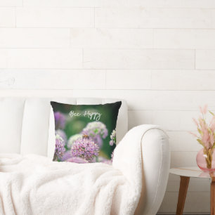 Bee Happy with Purple Allium Flower Motivational Cushion