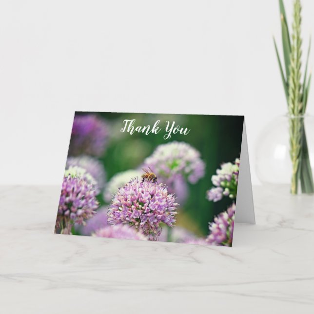 Bee Happy with Purple Allium Flower Thank You Card (Front)