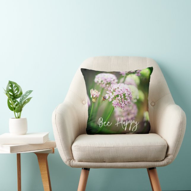 Bee Happy with Purple Diagonal Allium Flowers Cushion (Chair)