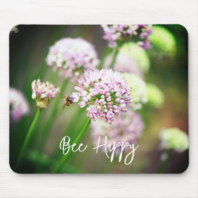 Bee Happy with Purple Diagonal Allium Flowers Mouse Mat (Front)