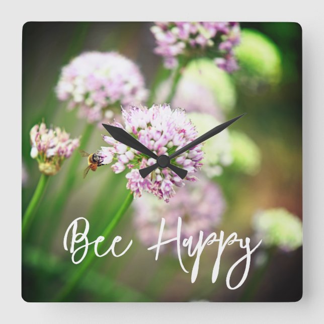 Bee Happy with Purple Diagonal Allium Flowers Square Wall Clock (Front)