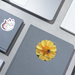 Bee Happy Yellow Dahlia Floral Classic Round Sticker
