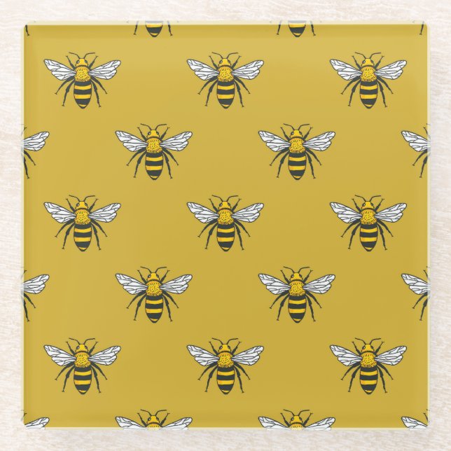Bee Haven: Vintage Yellow Pattern Glass Coaster (Front)