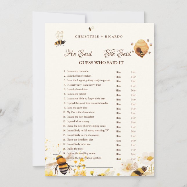 Bee   He said she said Bridal shower game card (Front)