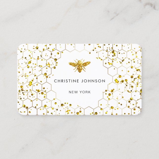 bee hexagons faux glitter business card (Front)