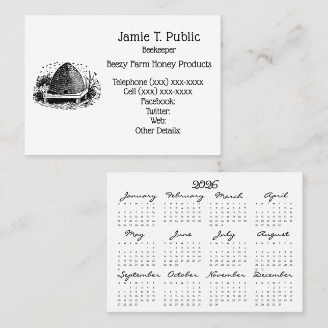 Bee Hive and Bees & 2026 Year Calendar Business Card (Front/Back)