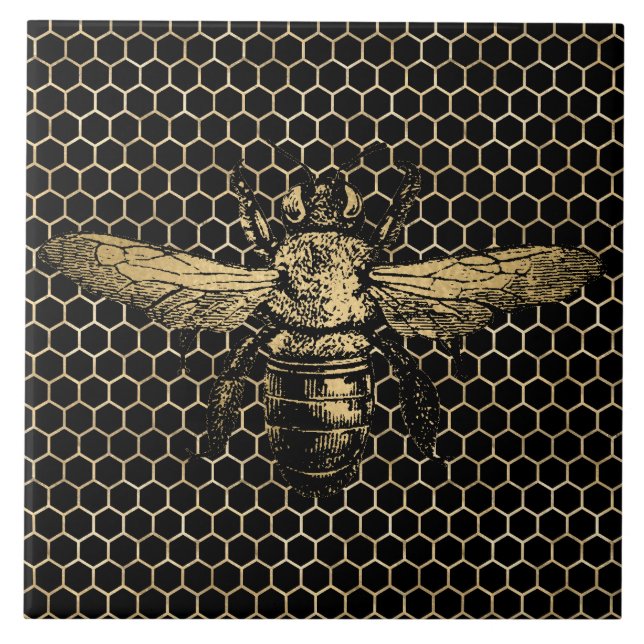 Bee Hive Rustic Gold Honeycomb Black Tile (Front)