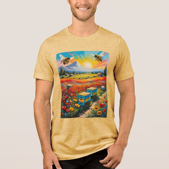 Bee Hives Poppies And Bees With Vibrant Sunrise Tri-Blend Shirt (Front)