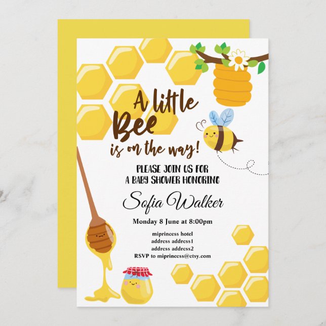 bee, honey bee, honey comb , baby shower invitation (Front/Back)