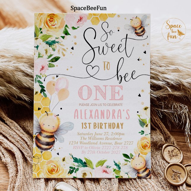 Bee Honey Birthday invitation Girl So Sweet to Bee (Bee Honey Birthday invitatiin Girl So Sweet to Bee invites Bee Honey Party Pink One birthday invite )