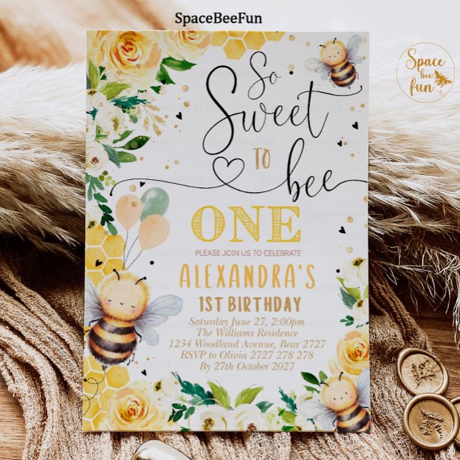 Bee Honey Birthday invitation So Sweet to Bee  (Bee Honey Birthday invitatiin So Sweet to Bee invites Bee Honey Party Pink One birthday invite )