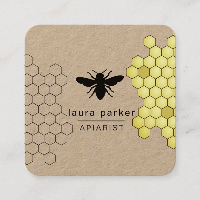 Bee Honey Seller Apiarist Black Yellow Hexagon Squ Square Business Card (Front)