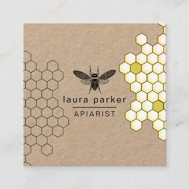 Bee Honey Seller Apiarist Black Yellow Hexagon Squ Square Business Card (Front)