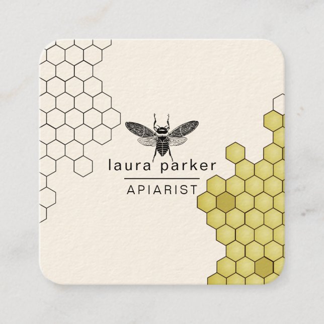 Bee Honey Seller Apiarist Black Yellow Hexagon Square Business Card (Front)