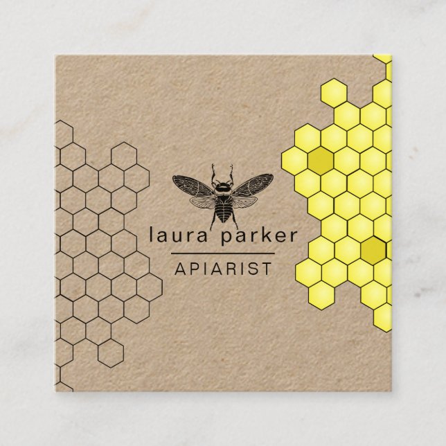 Bee Honey Seller Apiarist Black Yellow Hexagon Square Business Card (Front)