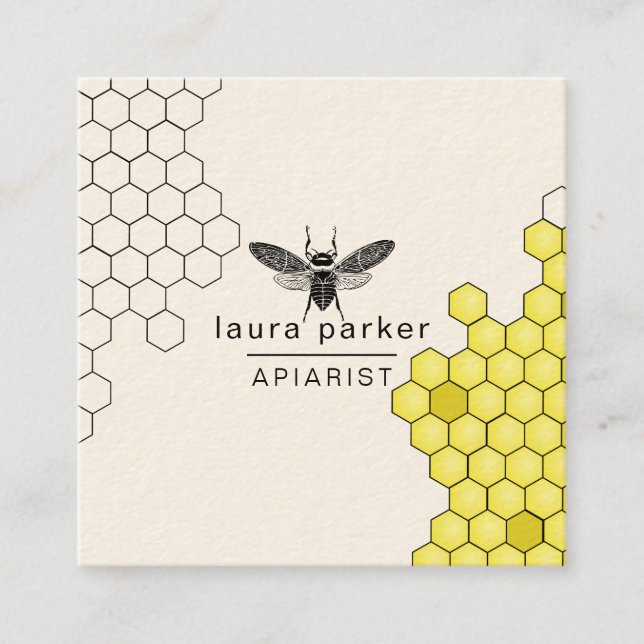 Bee Honey Seller Apiarist Black Yellow Hexagon Square Business Card (Front)