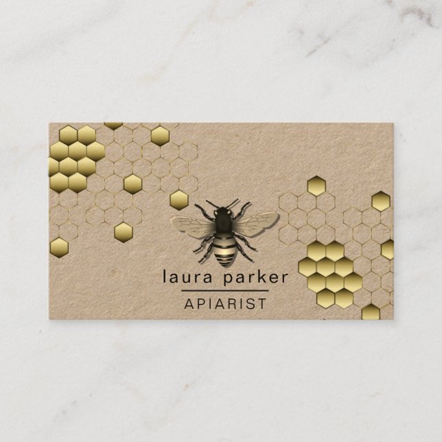 Bee Honey Seller Apiarist Gold Yellow Hexagon    B Business Card (Front)