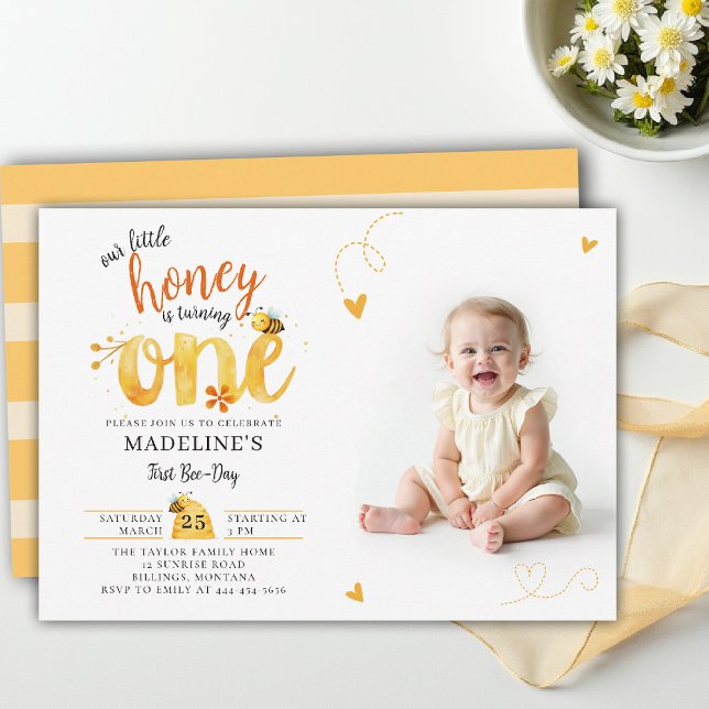 Bee Honey Theme Whimsical Cute Photo 1st Birthday Invitation (little honey bee first birthday photo invitation watercolor summer whimsical hearts bee-day)
