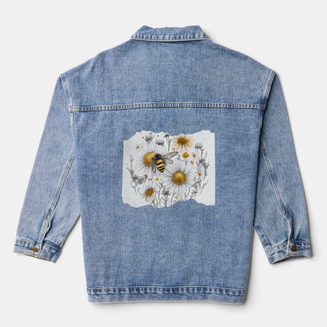 Bee Honeybee Daisy Flowers  Denim Jacket (Back)