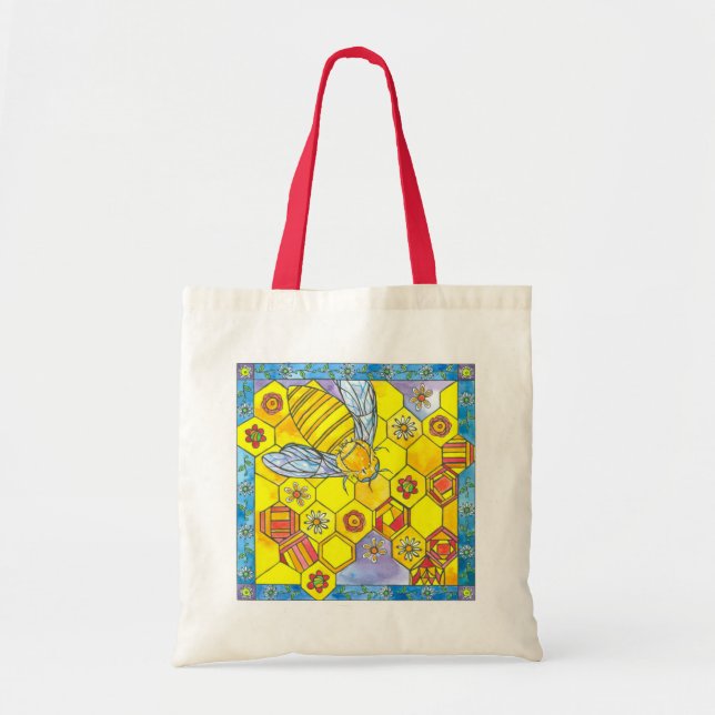 Bee Honeycomb Daisy Watercolor Flowers Geometric Tote Bag (Front)