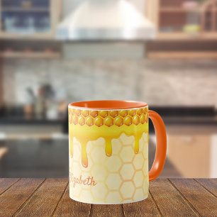 Bee honeycomb honey dripping Yellow name Mug