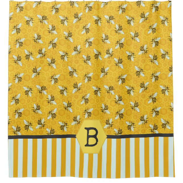 Bee Honeycomb Honeybee Beehive Bumblebee Monogram Shower Curtain (Front)