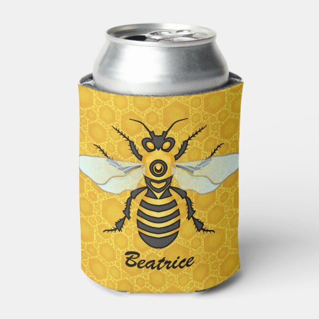 Bee Honeycomb Personalised Name Honeybee Hive Can Cooler (Can Front)
