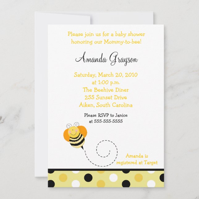 Bee Hop Bumble Bee Baby Shower Invitation 5x7 (Front)