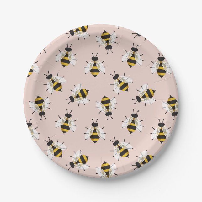 Bee Illustration Pink Patterned Paper Plate (Front)