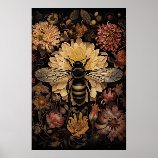 Bee In Dark Flower, Wild Moody Bumlebee Print (Front)