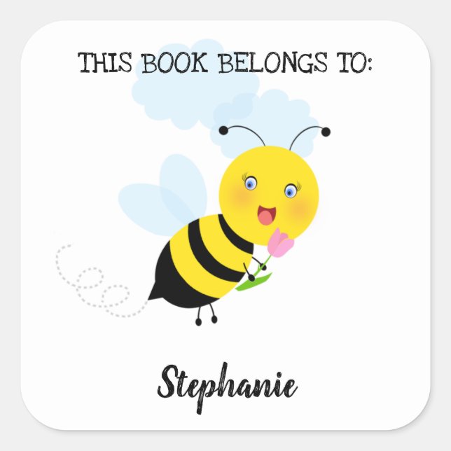 Bee in Tulip Garden This Book Belongs to Square Sticker (Front)