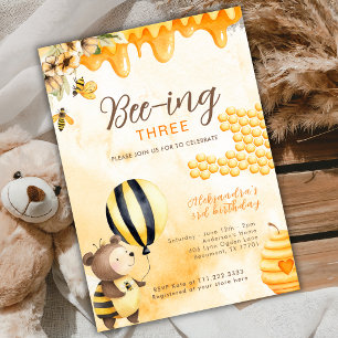 Bee-ing Three Honey Bear 3rd Birthday Yellow Invitation