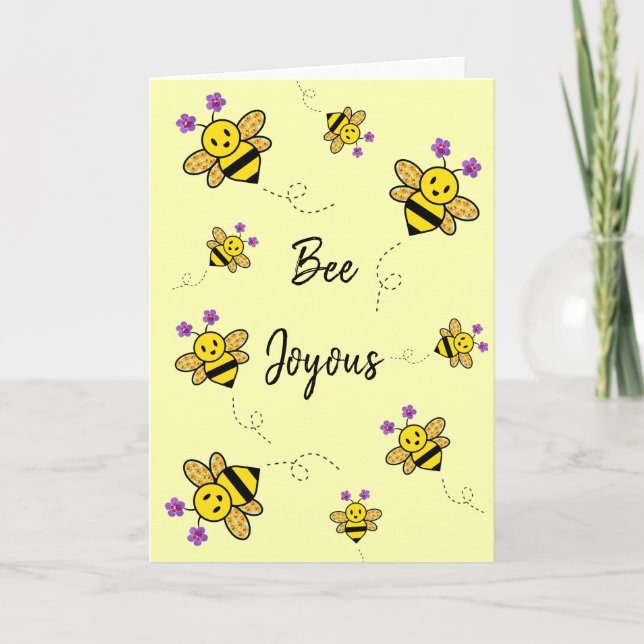 Bee Joyous Whimsical Floral Folded Greeting Card (Front)