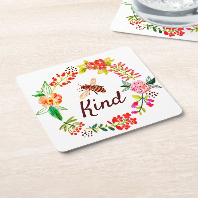 Bee kind floral   square paper coaster (Angled)