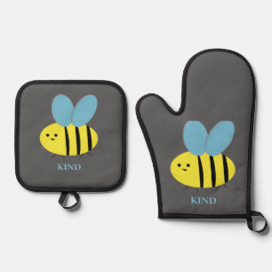 Bee Kind Grey Blue Oven Mitt & Pot Holder Set