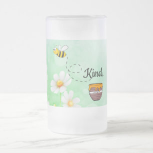 Bee Kind Honey floral green insect cartoon text Frosted Glass Beer Mug