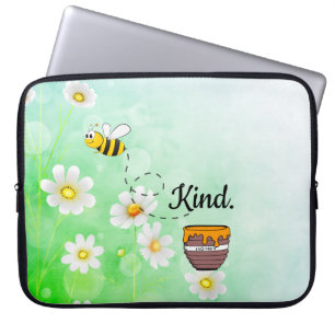 Bee Kind Honey floral green insect cartoon text Laptop Sleeve