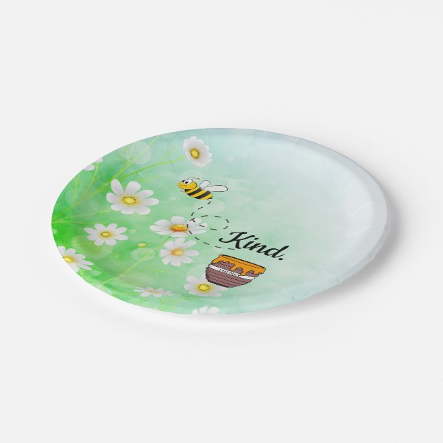 Bee kind honey floral green insect cartoon text paper plate (Angled)