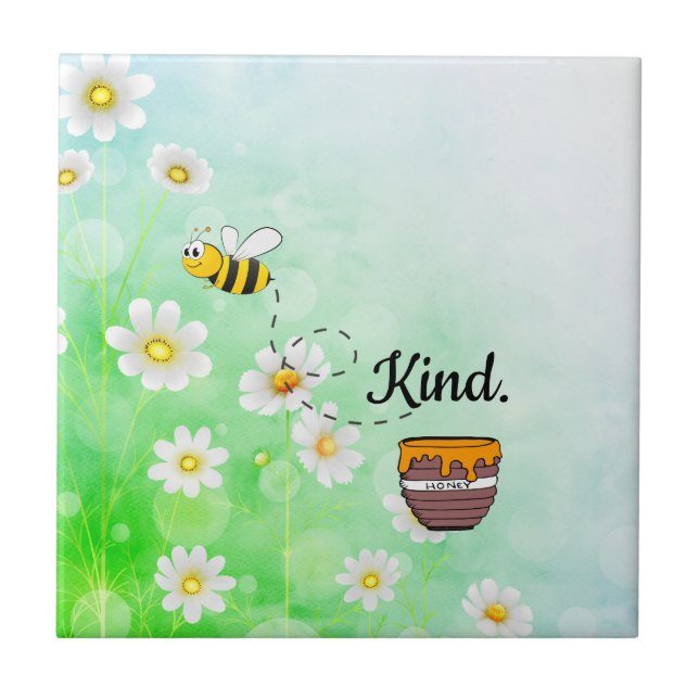 Bee kind honey floral green insect cartoon text tile (Front)