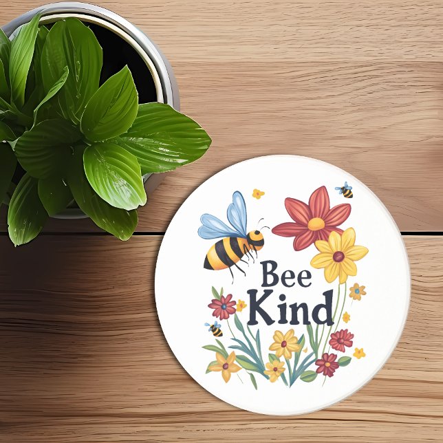 Bee Kind Motivation Typography Sandstone Coaster (Creator Uploaded)
