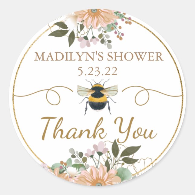 Bee Kind Pink Floral Bridal Shower Thank You Classic Round Sticker (Front)