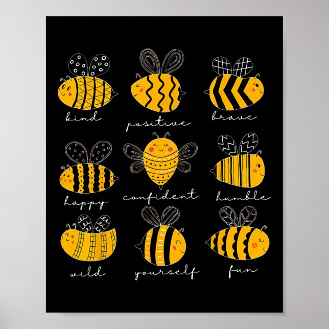 Bee Kind Positive Brave Happy Confident Humble Tea Poster (Front)